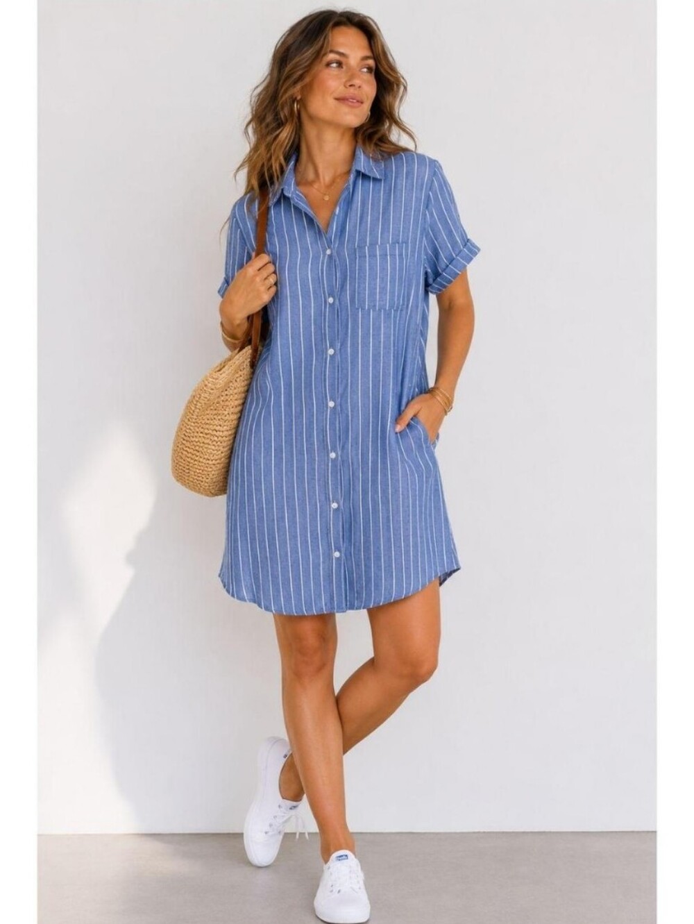Old Navy Coastal Linen-Blend‎ Mini Shirt Dress White Blue Stripe Womens Size M